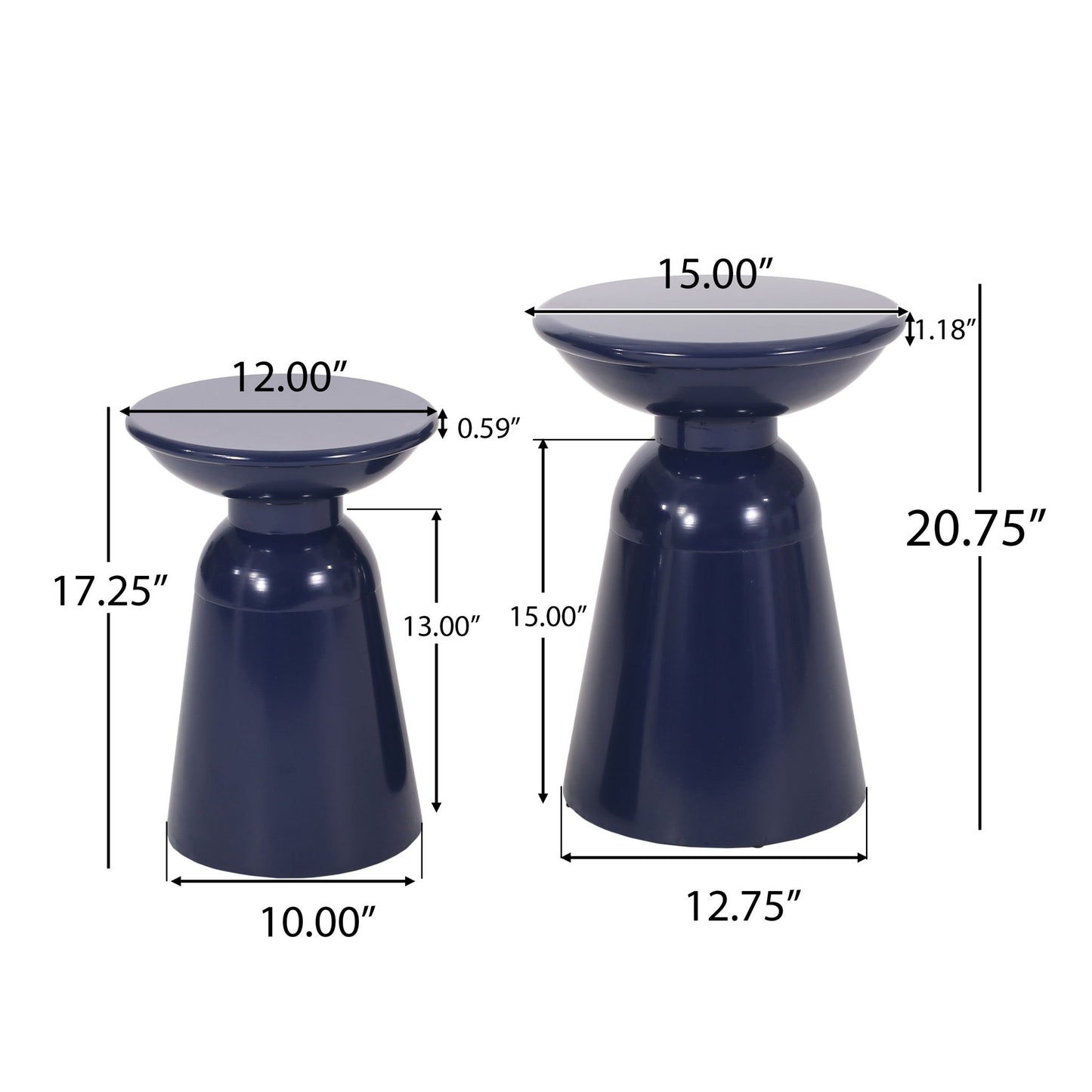 The Serenita Outdoor Side Tables (set of 2) feature modern dark blue flared bases and round tops; one is 17.25" H x 12" W, the other 20.75" H x 15" W, both shown side by side with dimensions labeled on the image.
