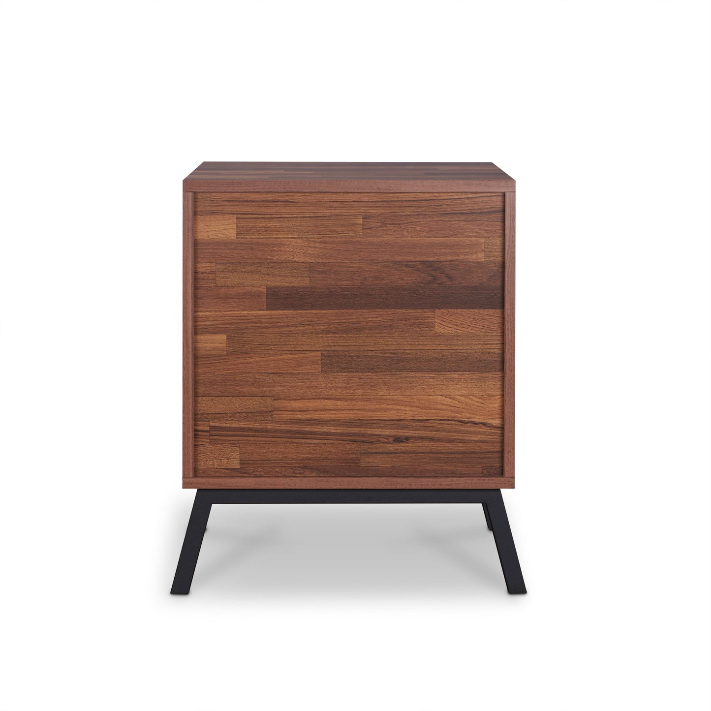 The Karine Accent Table in Black/Walnut features a modern dark wood finish, two drawers, and black metal legs, shown against a simple white background.