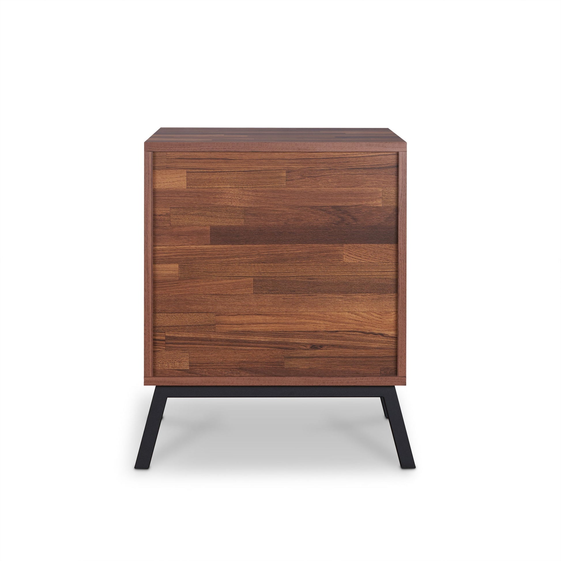 The Karine Accent Table in Black/Walnut features a modern dark wood finish, two drawers, and black metal legs, shown against a simple white background.