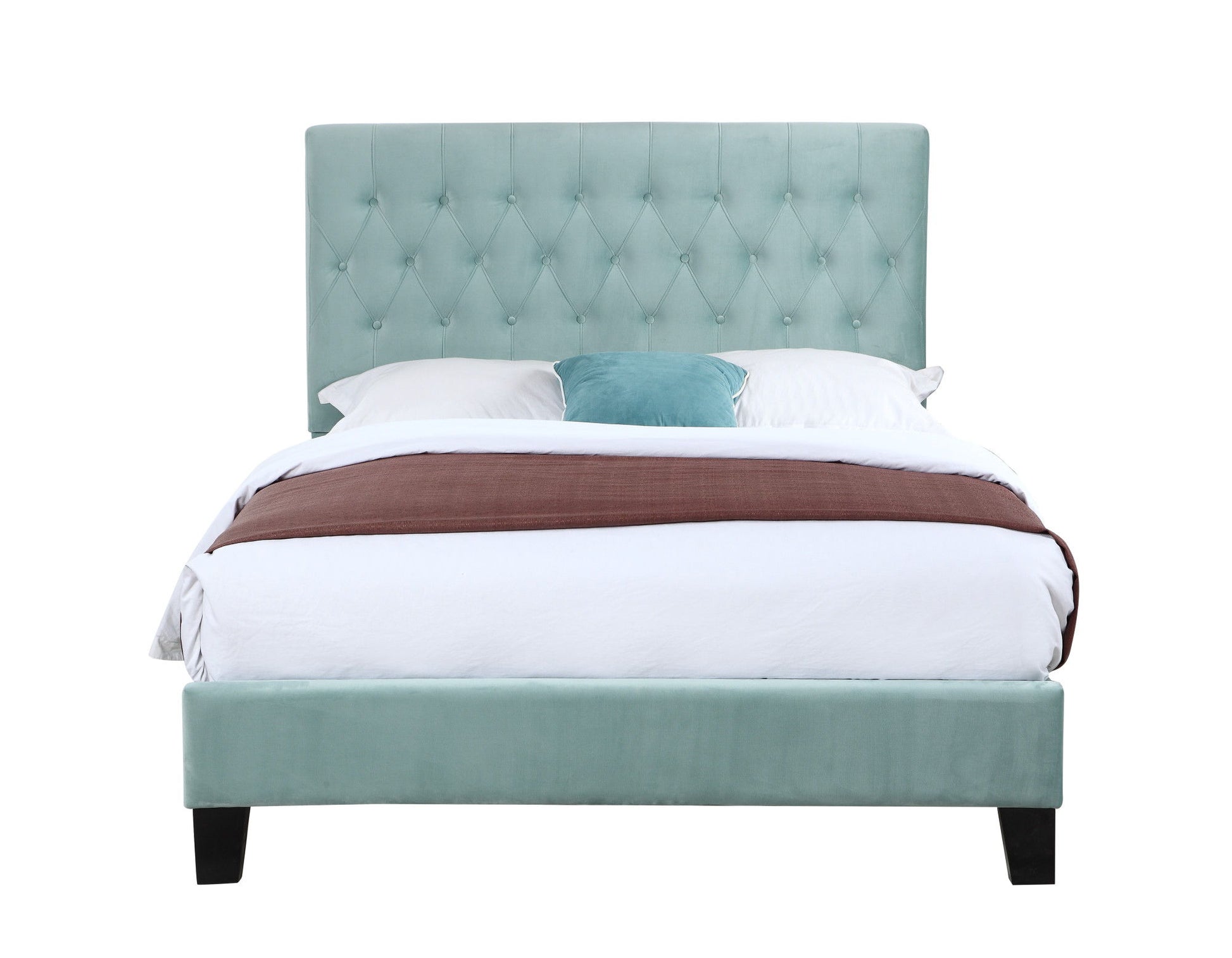 The Luma Upholstered Bed in mint green features a tufted headboard, white bedding with a brown blanket, two white pillows, and a small teal pillow, viewed from the front against a white background.