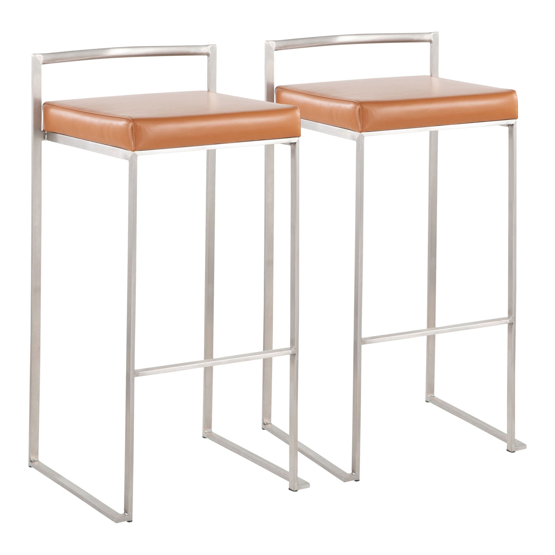Two Fuji Contemporary Stackable Barstools with metal frames and tan leather square seats, featuring minimalistic backrests and footrests, are shown side by side against a white background.