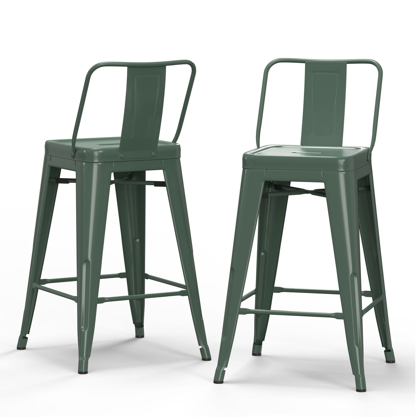 Two Rayne Multifunctional Metal Stools in green with square seats, low backs, and footrests are side by side on a white background, highlighting their modern industrial design.