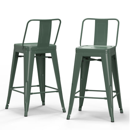 Two Rayne Multifunctional Metal Stools in green with square seats, low backs, and footrests are side by side on a white background, highlighting their modern industrial design.