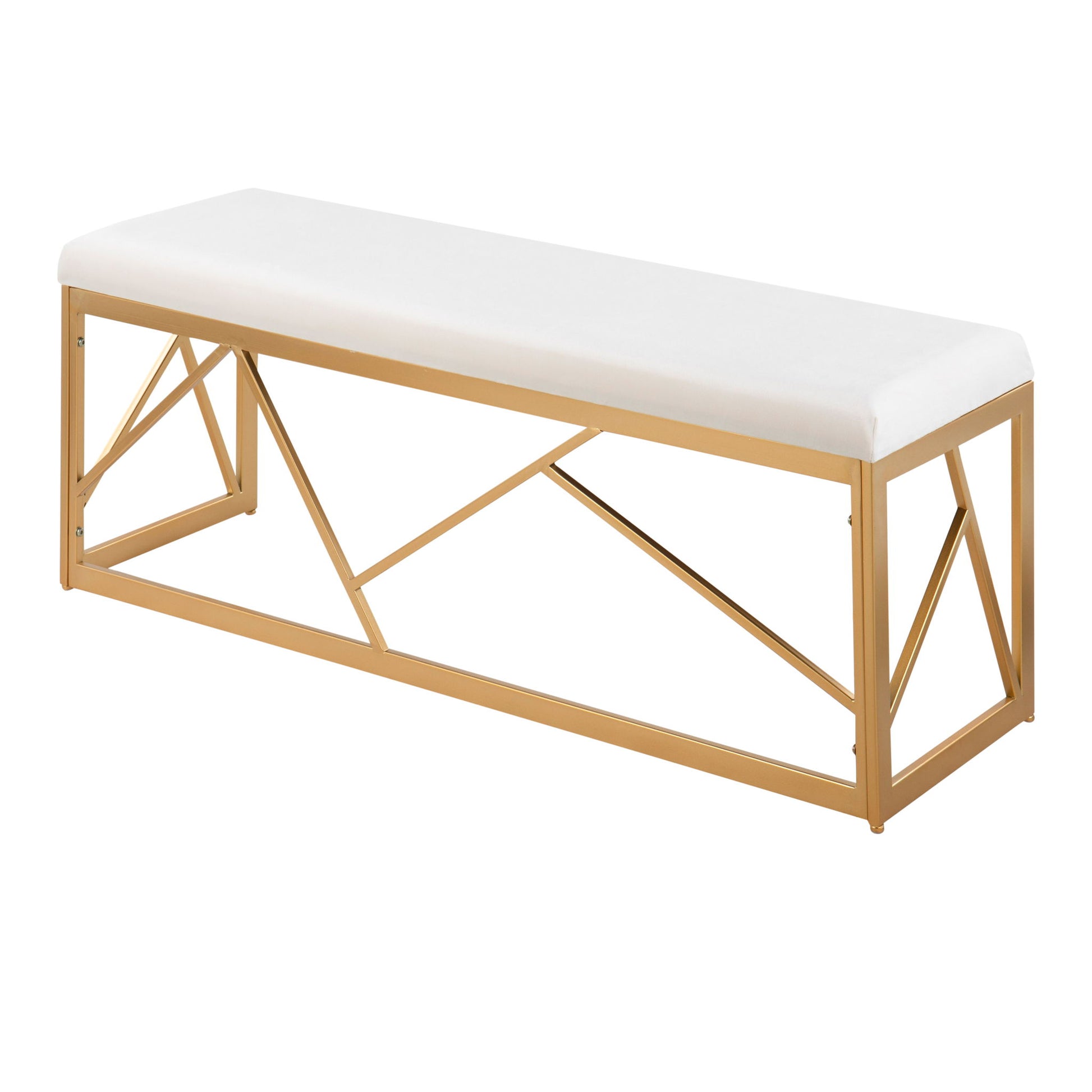 The Folia - Glam Bench features a modern white cushioned seat atop a geometric gold metal frame.