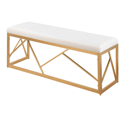 The Folia - Glam Bench features a modern white cushioned seat atop a geometric gold metal frame.