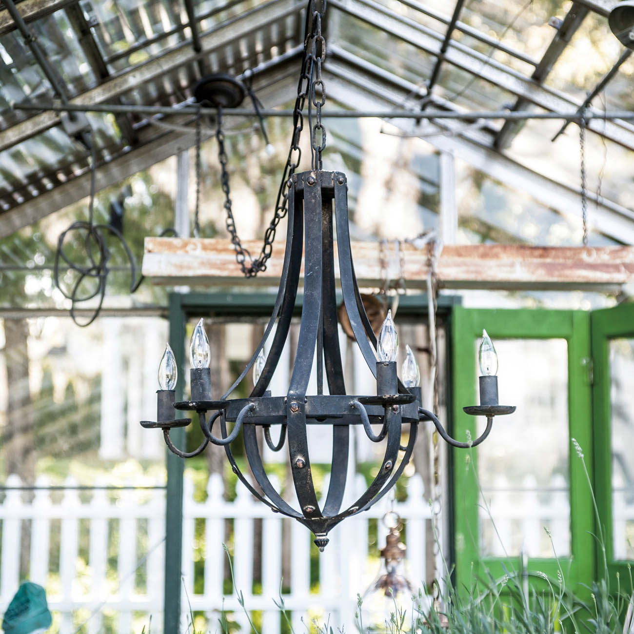 A 6 Light Metal Chandelier in black hangs from the glass greenhouse ceiling, with a green door and white picket fence in the background. Bulbs not included; fixture features an adjustable chain for kitchen or other spaces.