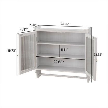 Vintage Double Door Wall Cabinet With Three Tiers Storage And Towel Rack - White Washed