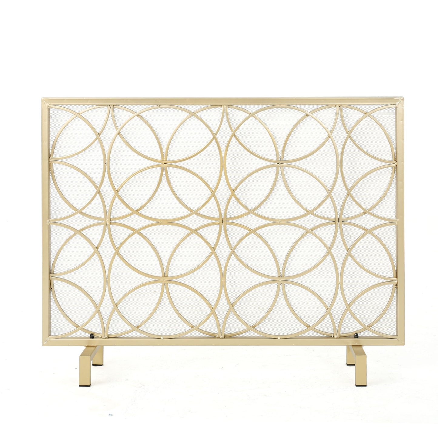 The Thayer Single Panel Iron Fireplace Screen features a geometric design of overlapping gold circles and stands on two rectangular legs, shown against a white background.