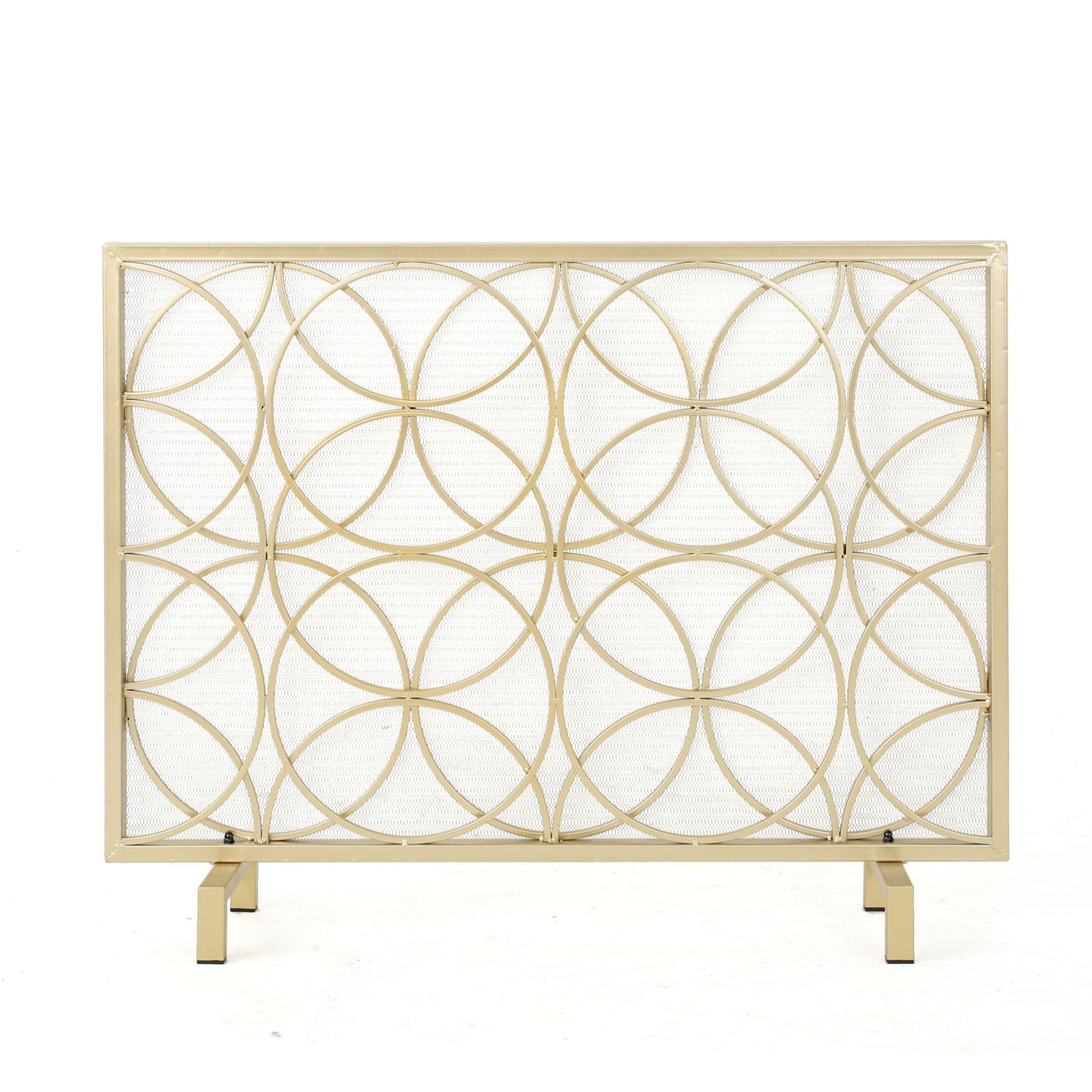 The Thayer Single Panel Iron Fireplace Screen features a geometric design of overlapping gold circles and stands on two rectangular legs, shown against a white background.