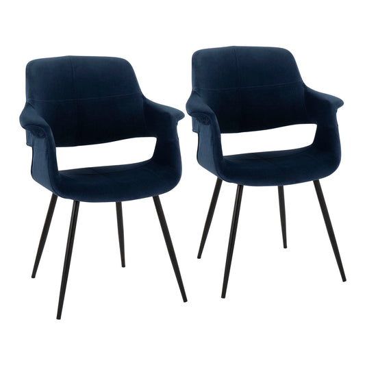 The Vintage Flair - Glam, Art Deco Chair (Set of 2) features modern design with dark blue cushions, open sides, and black metal legs, displayed against a white background.