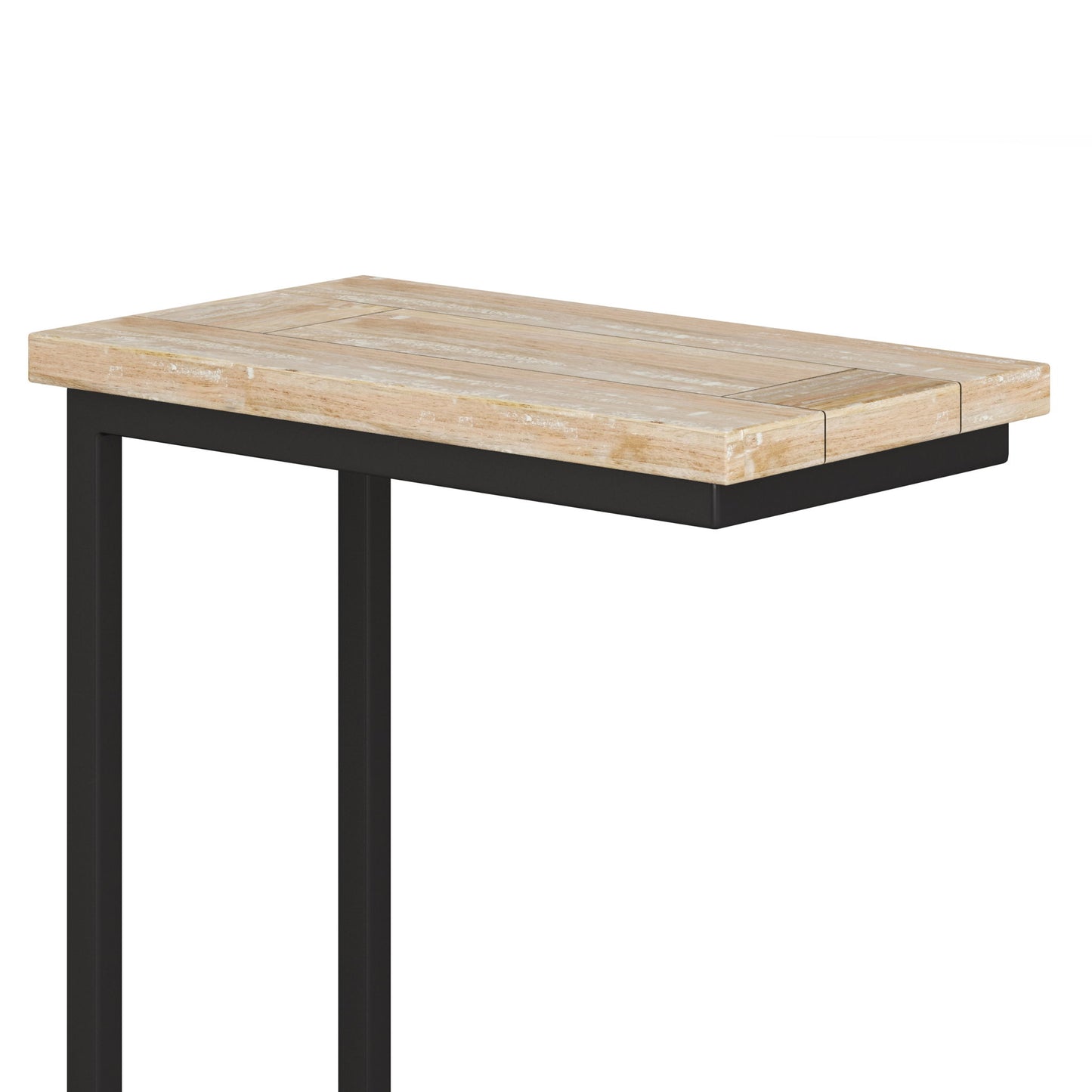 The Skyler - C Side Handcrafted Table features a rectangular light wood top and a black metal C-shaped frame, designed to slide easily under your sofa or chair.