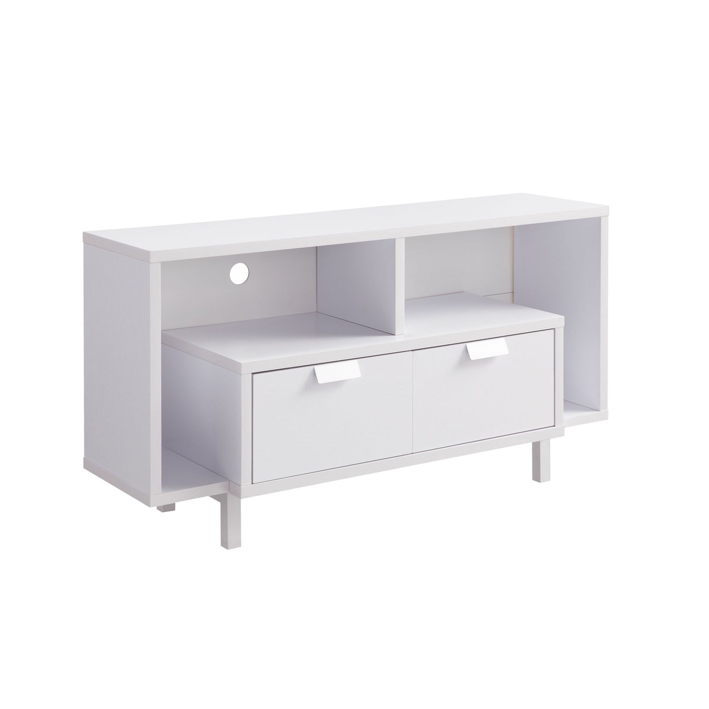 The Modern TV Stand & Two Shelves And Two Drawers features open shelves, a cable management hole, and two lower drawers with angled handles, displayed against a plain white background.