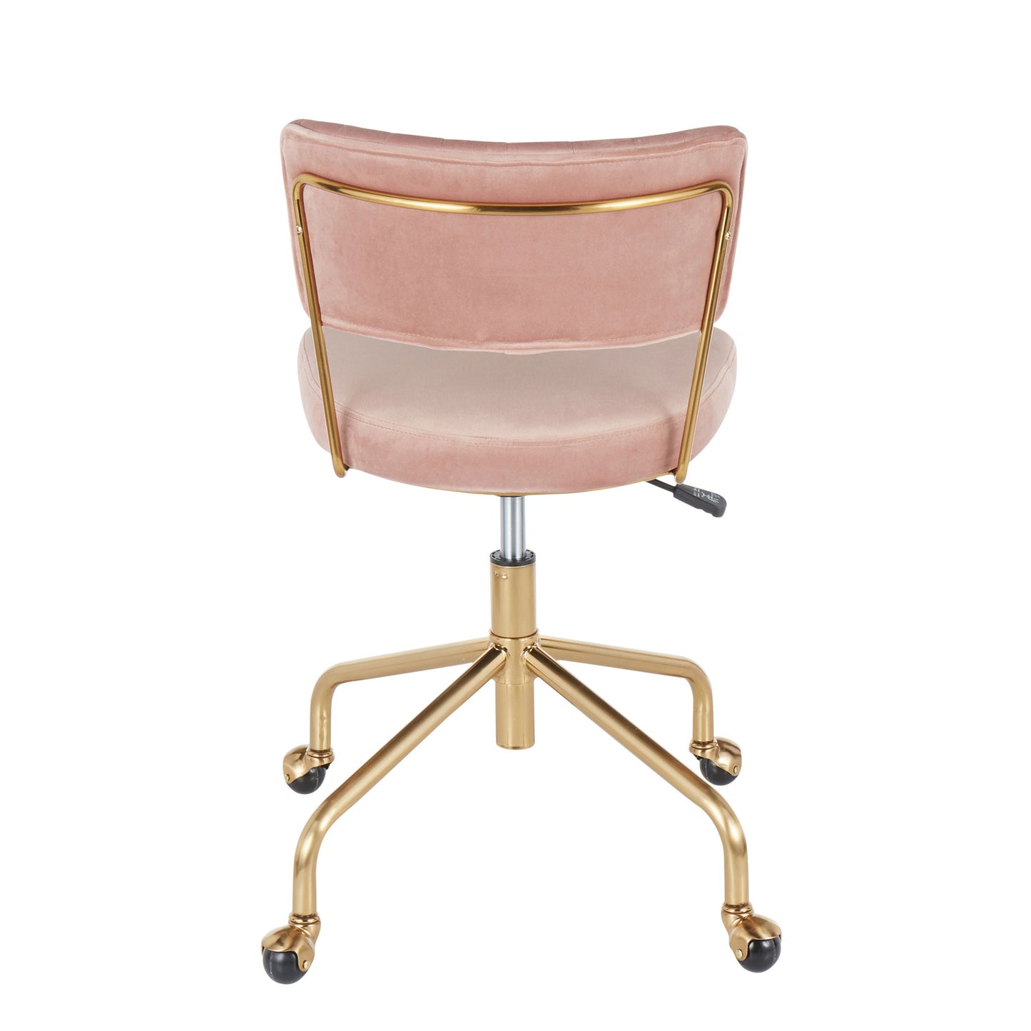 The Tania - Contemporary Task Chair features a pink velvet cushioned seat and backrest, accented by a gold metal frame and base with five caster wheels. The chair is displayed from the back.