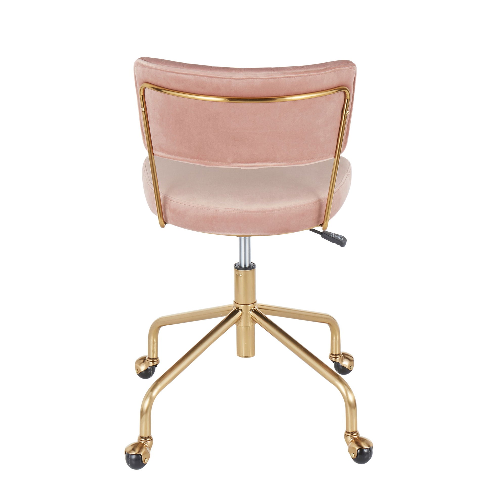 The Tania - Contemporary Task Chair features a pink velvet cushioned seat and backrest, accented by a gold metal frame and base with five caster wheels. The chair is displayed from the back.