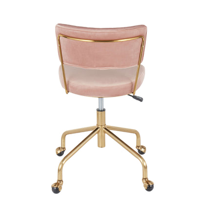 The Tania - Contemporary Task Chair features a pink velvet cushioned seat and backrest, accented by a gold metal frame and base with five caster wheels. The chair is displayed from the back.