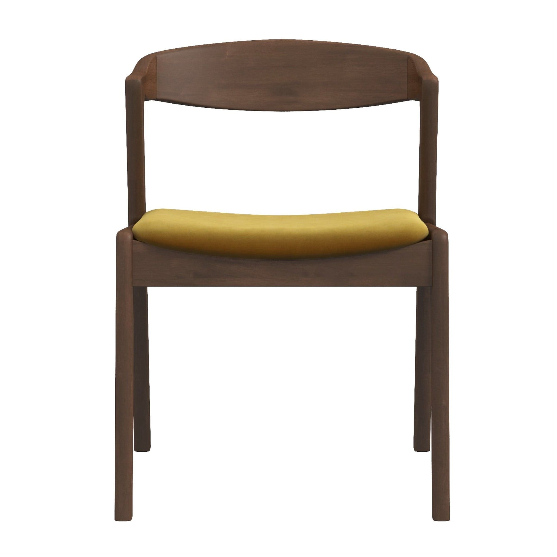 The Dakota - Mid-Century Modern Velvet Dining Chair (Set of 2) features a simple, modern wooden frame with a curved backrest, straight legs, and mustard yellow velvet cushioned seat. Shown from the front on a white background.