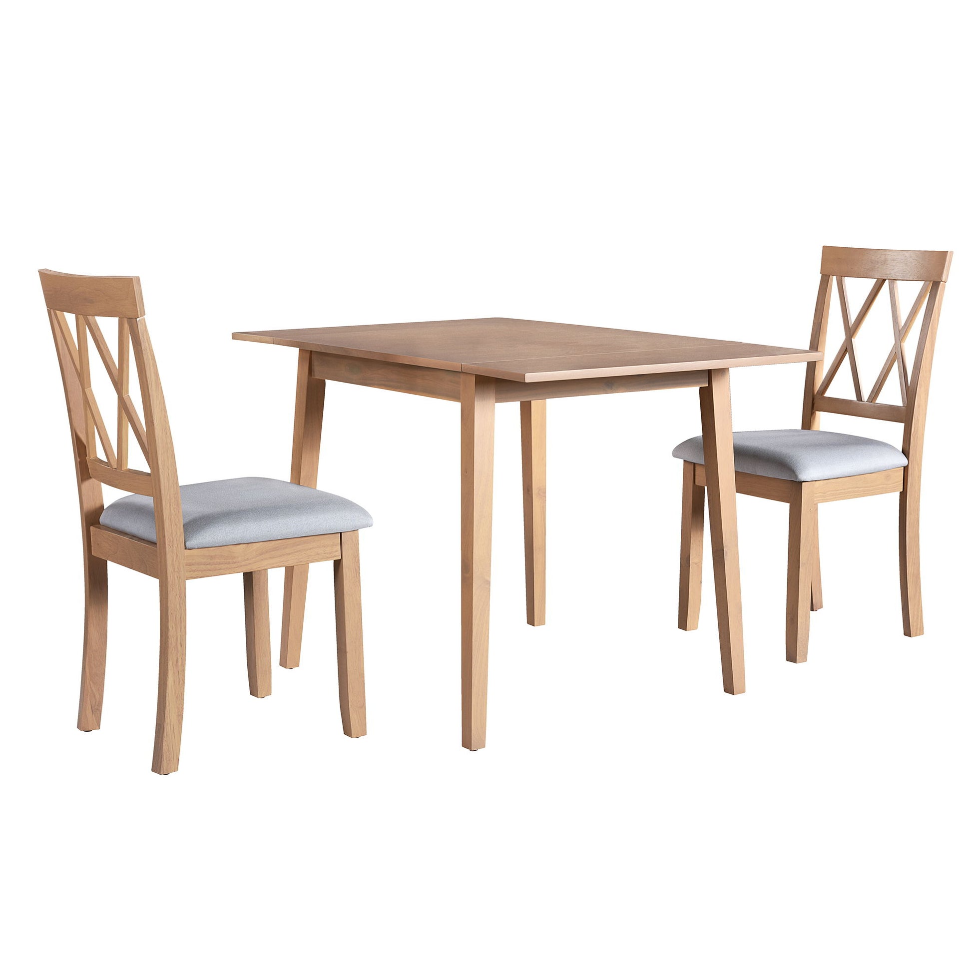 The 3 Piece Kitchen Dining Set features a drop leaf table and two upholstered chairs with crisscross backrests and light gray cushions, ideal for small spaces and shown against a plain white background.