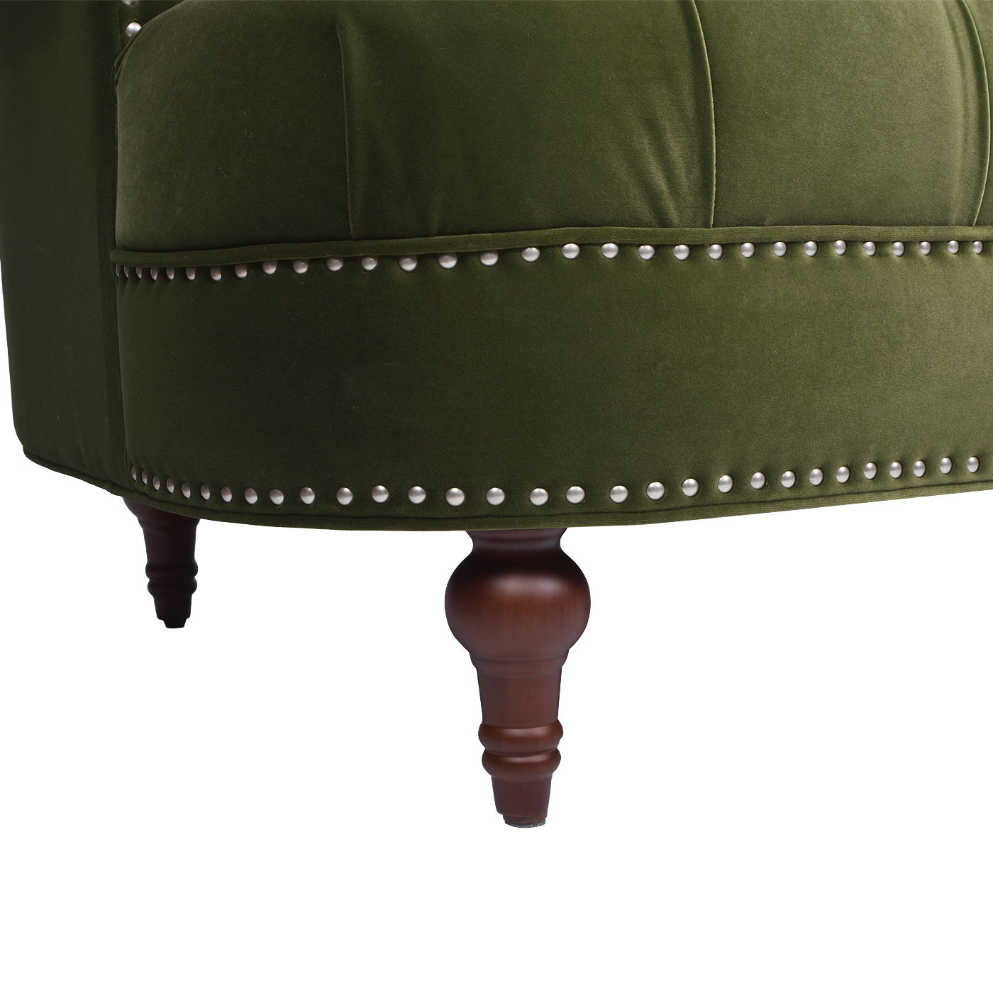 Close-up of the lower side of the La Rosa Victorian Chesterfield Tufted Sofa, featuring green velvet upholstery, silver nailhead trim, and dark wooden legs.