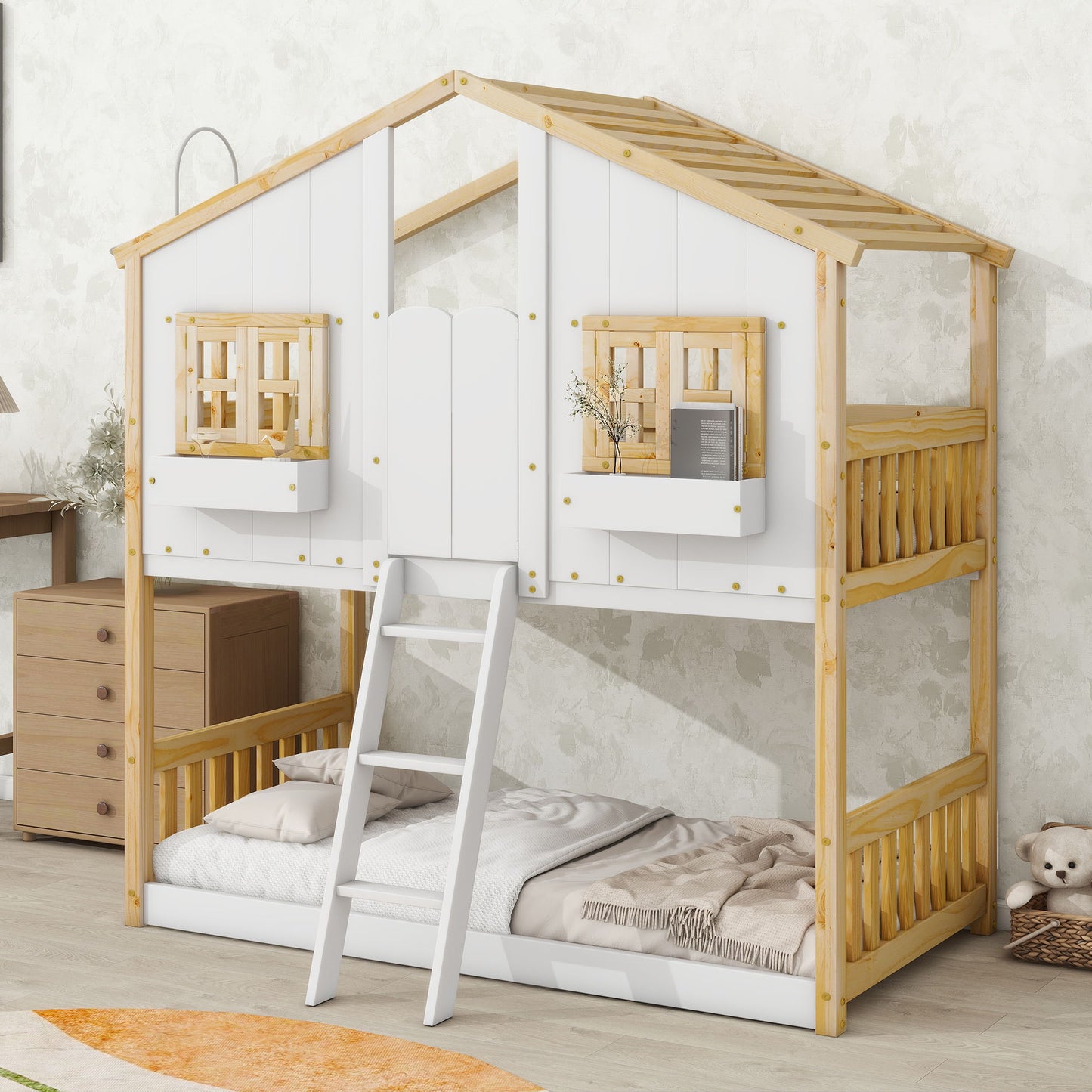 The House Bunk Bed features a roof, window, window box, door, safety guardrails, and ladder. Its cozy wooden design resembles a house and is shown with bedding and pillows in a decorated bedroom.