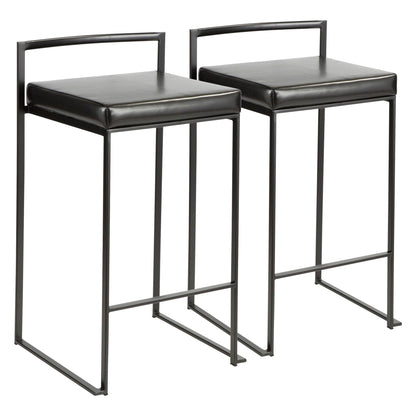 The Fuji - Contemporary Style Stackable Counter Stool features a modern black design with square padded seat, metal frame, low rectangular backrest, minimalist straight lines, and no armrests.