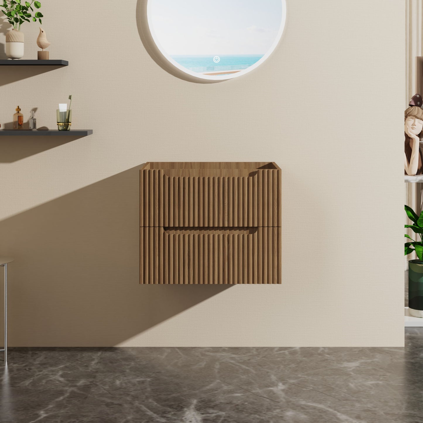 A modern bathroom featuring the 24" Wall Mount Bathroom Vanity Cabinet Floating (Cabinet Only) in Walnut, a circular ocean-view window, dark marble floor, floating display shelves, lush corner plants, and gentle natural light.