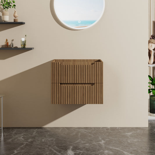 A modern bathroom featuring the 24" Wall Mount Bathroom Vanity Cabinet Floating (Cabinet Only) in Walnut, a circular ocean-view window, dark marble floor, floating display shelves, lush corner plants, and gentle natural light.