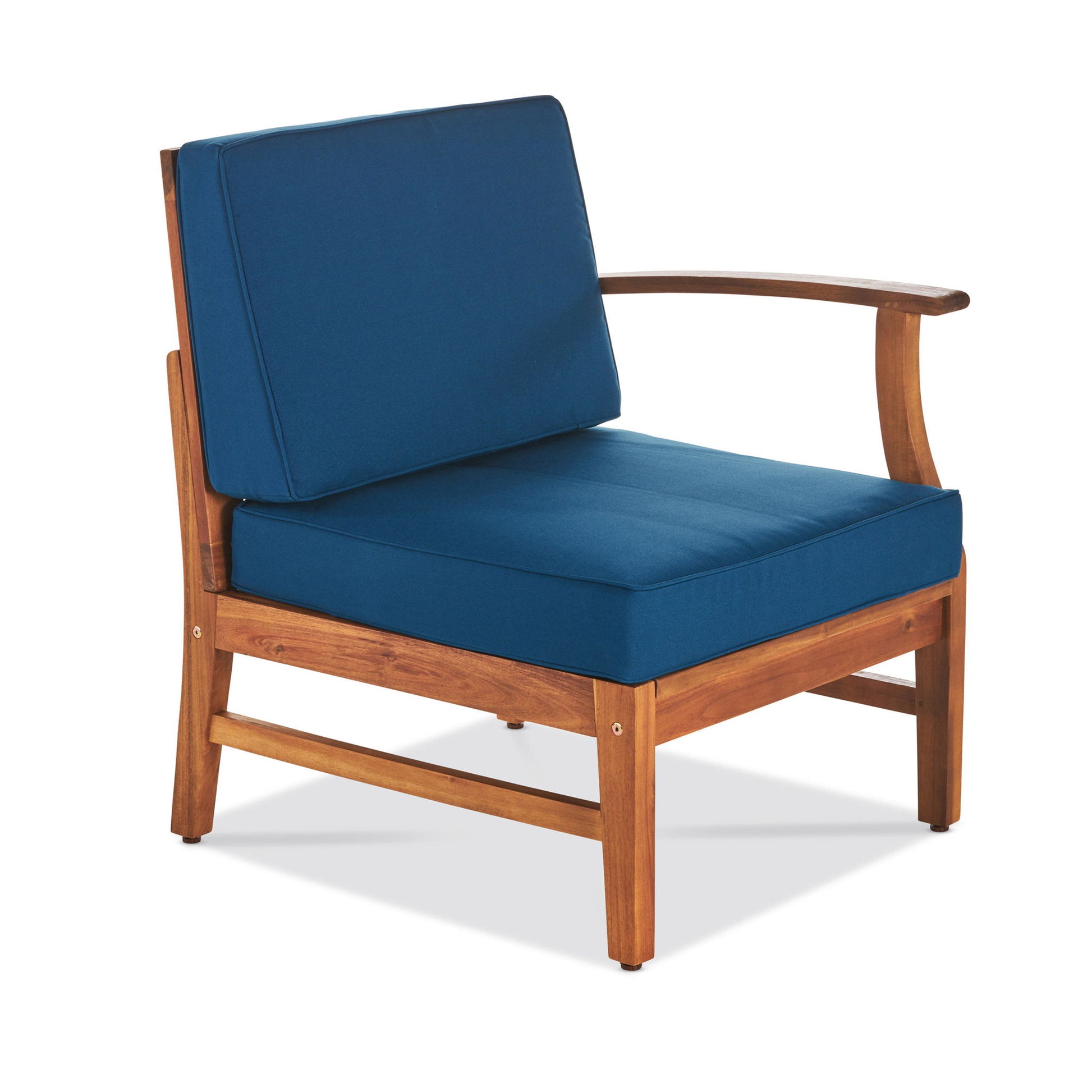 The Perla - 6 Pieces Sofa Set features minimalist wooden armchairs with curved armrests and blue seat and back cushions, displayed against a white background.