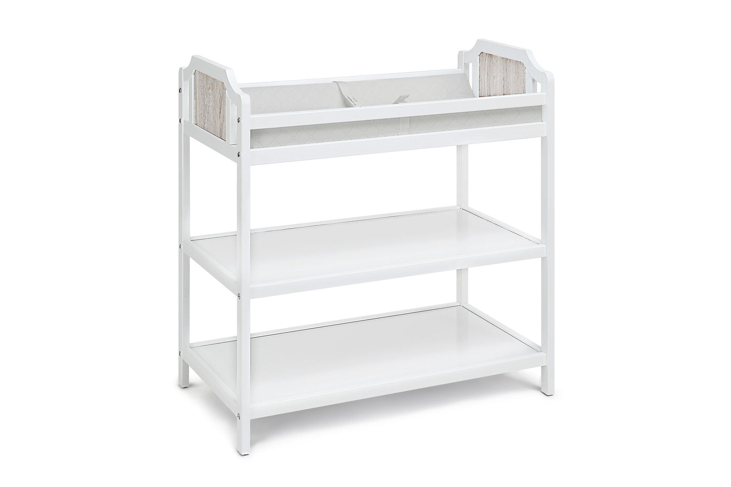 The Brees Changing Table is a white wooden unit with raised sides, a padded top, two open storage shelves below, and back panels featuring a light wood accent.