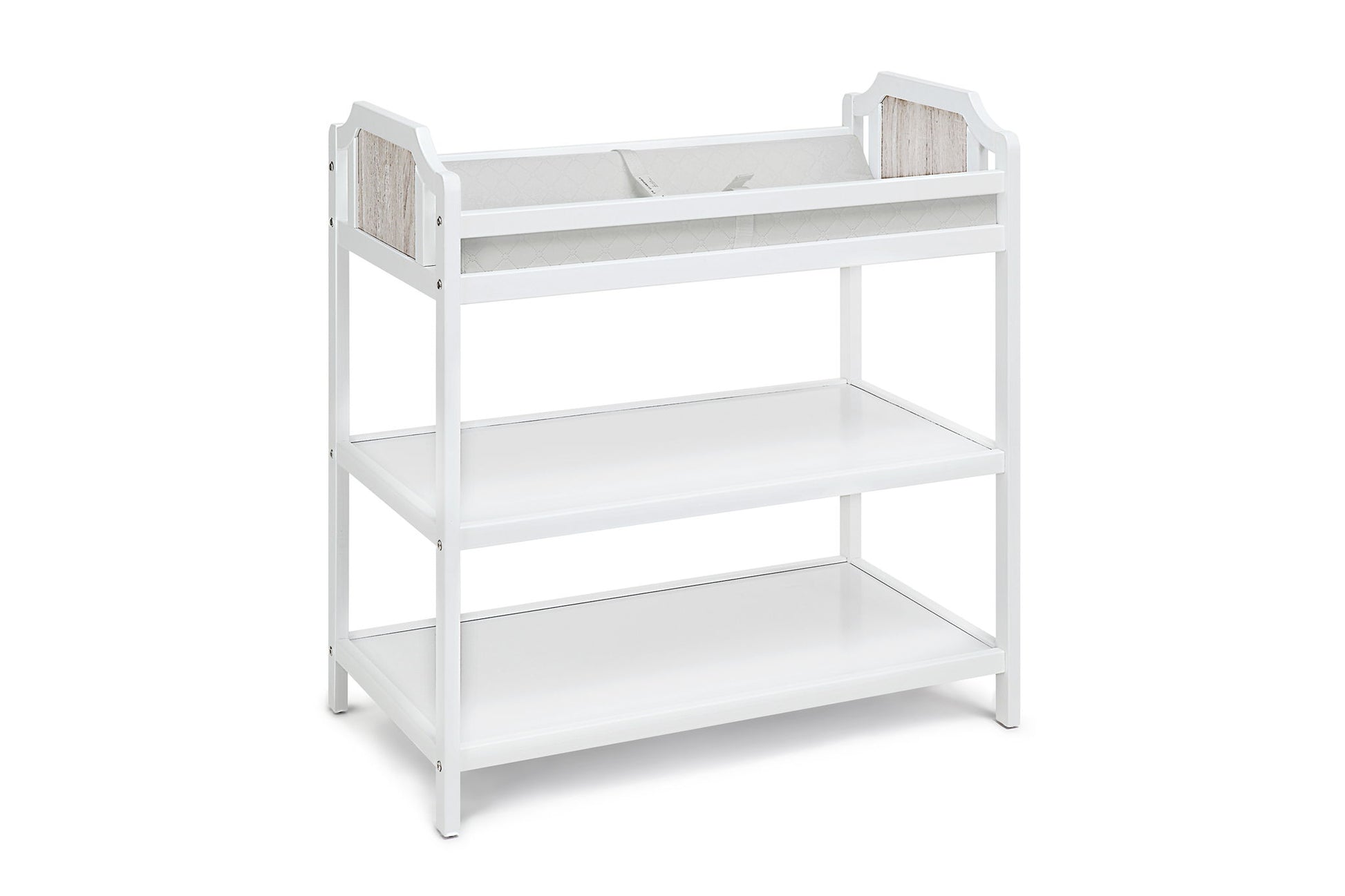 The Brees Changing Table is a white wooden unit with raised sides, a padded top, two open storage shelves below, and back panels featuring a light wood accent.