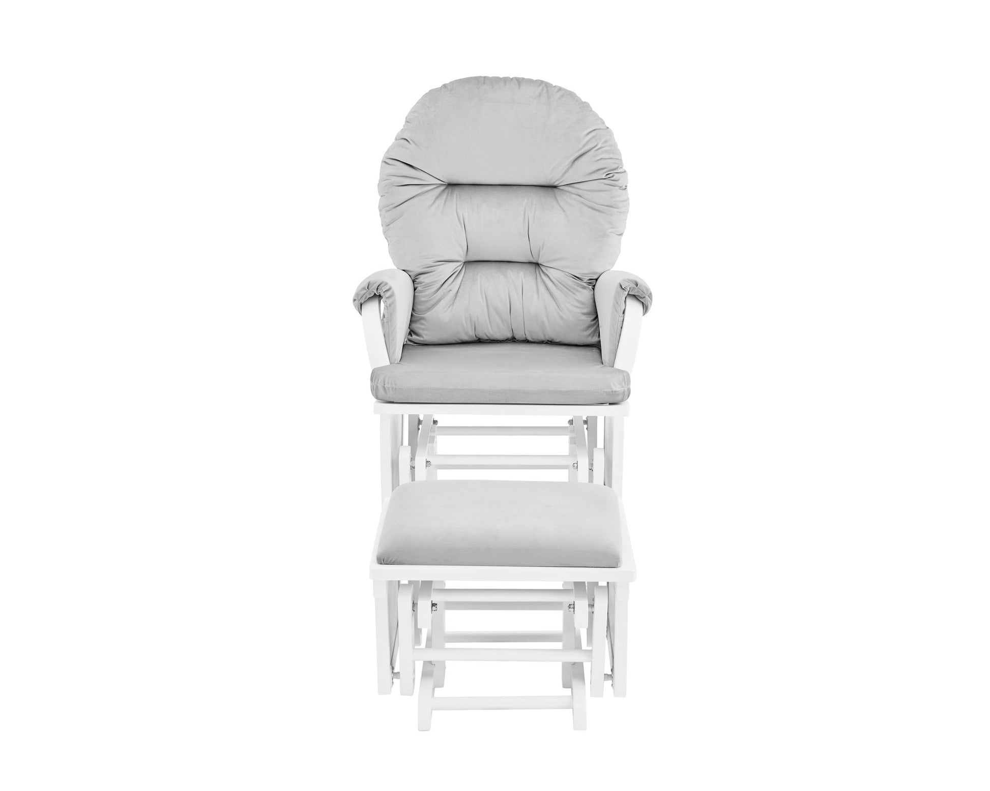 The Madison - Glider & Ottoman - White Base features a cushioned gray chair with padded armrests and a matching ottoman, both with white wooden frames, shown from the front against a white background.