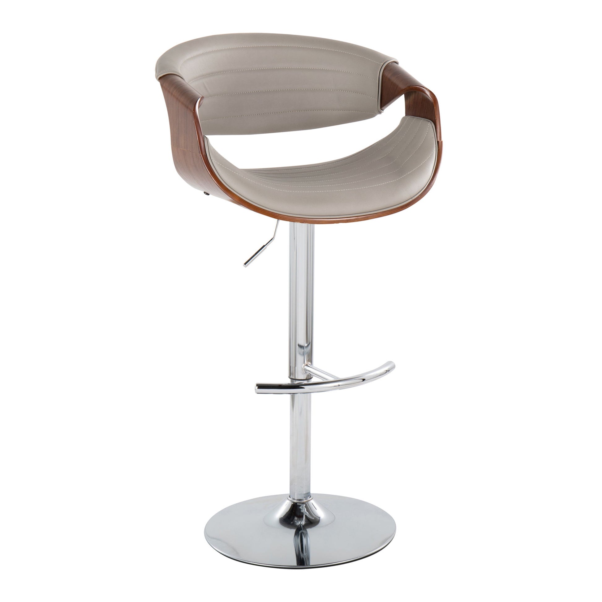 The Symphony Mid Century Modern Adjustable Barstool & Swivel (Set of 2) features a curved wood and light gray cushioned seat, rounded T footrest, shiny chrome pedestal base, and an adjustable height lever under the seat.