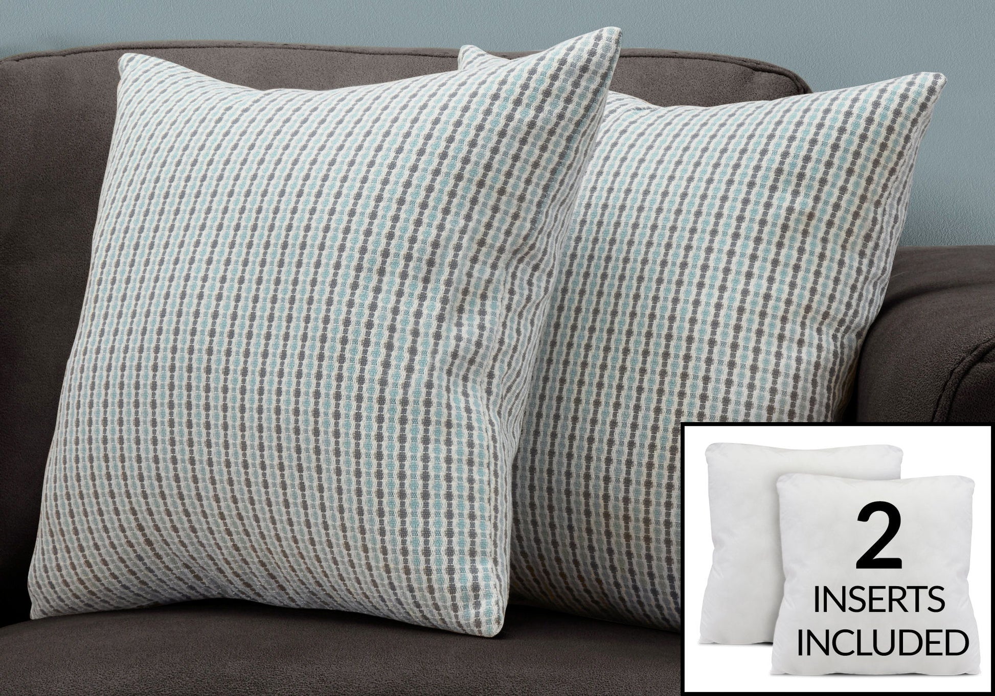 Two white and gray patterned decorative throw pillows with hypoallergenic inserts are displayed on a dark sofa. Inset shows two plain white square pillow inserts with the text "Insert Included.