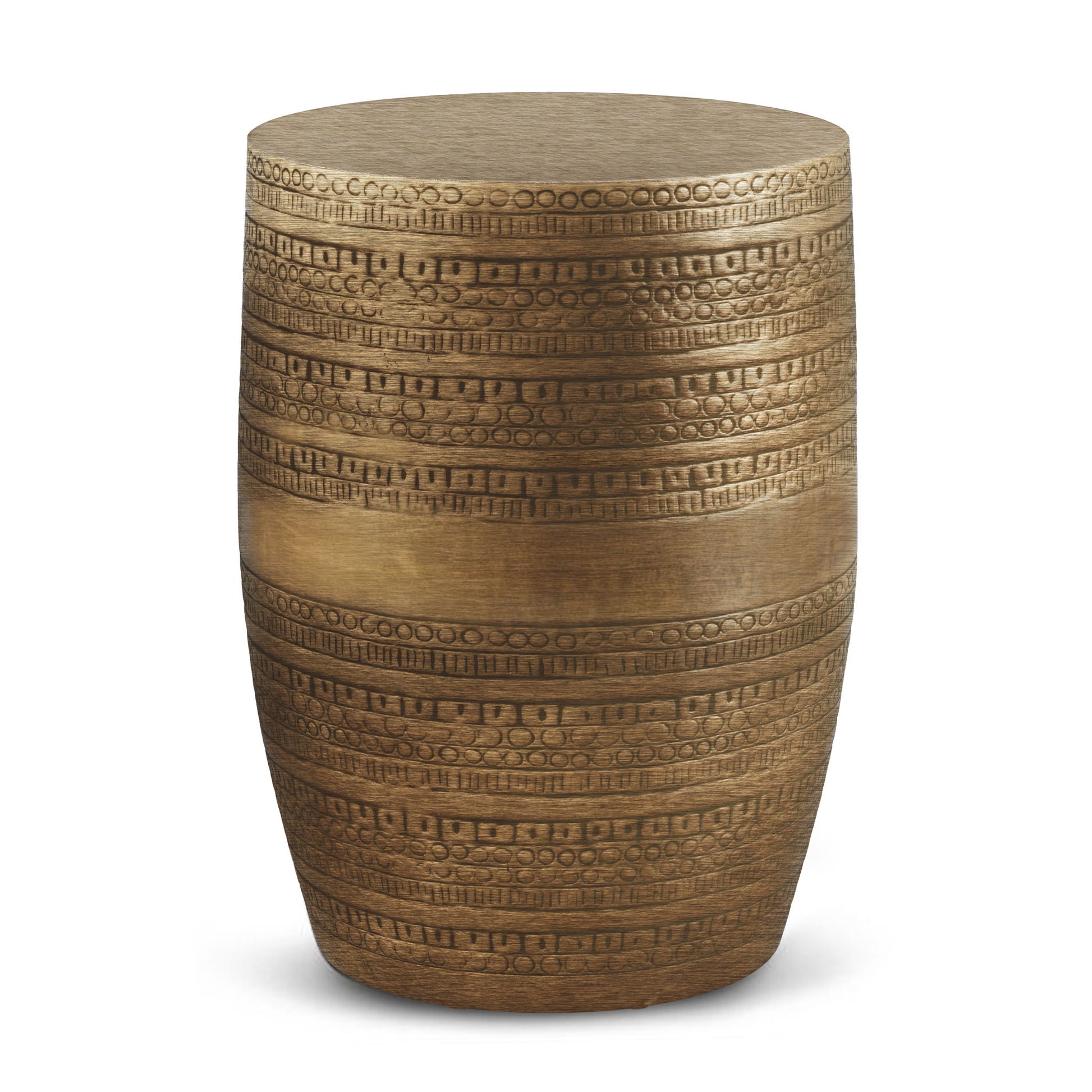 The Johnsen - Handcrafted Large Metal Accent Table is a cylindrical side table with a metallic gold finish and horizontal rows of geometric and circular patterns etched around its surface.