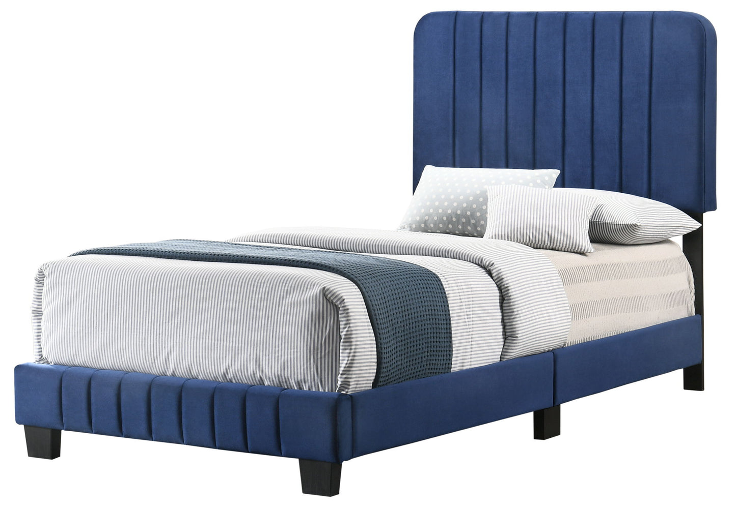The Lodi - Bed is a twin-size with a tall, vertically paneled blue upholstered headboard and matching frame, styled with striped gray and white bedding, a blue textured blanket, and two pillows.