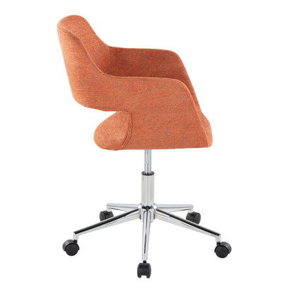 The Margarite - Contemporary Office Task Chair features orange upholstery, a curved backrest, swivel design, and a chrome five-wheel base, shown from the side against a white background.