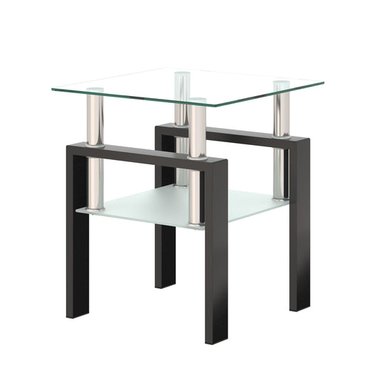 The Modern Tempered Glass Tea Table is a square end table featuring a clear glass top, black wooden legs, silver supports, and a frosted lower shelf—ideal for any living room.