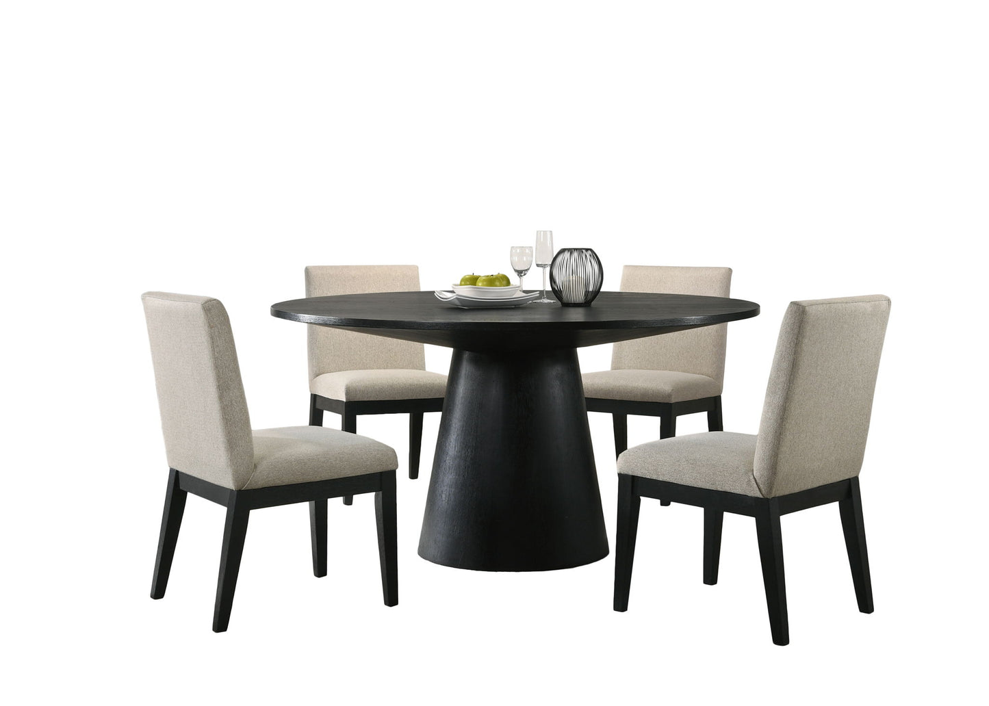 The Jasper Wide Contemporary Round Dining Table Set features a round black table with a wide pedestal base and four beige upholstered chairs, styled with plates, glasses, a bowl of green apples, and vases against a white background.