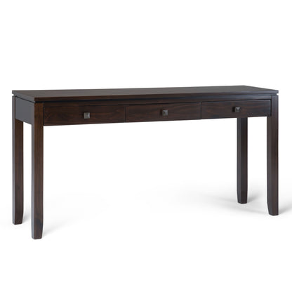 The Cosmopolitan Wide Console Sofa Table in Mahogany Brown features a dark wood finish, three drawers with square metal handles, four straight legs, and a rectangular top, shown against a plain white background.