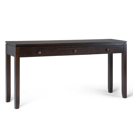 The Cosmopolitan Wide Console Sofa Table in Mahogany Brown features a dark wood finish, three drawers with square metal handles, four straight legs, and a rectangular top, shown against a plain white background.