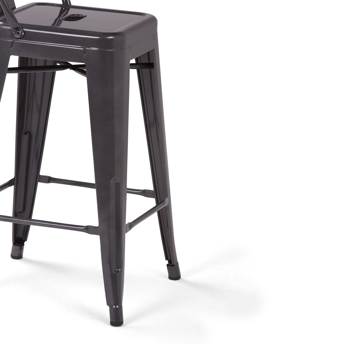 A close-up view of the Rayne - Curved Back Metal Stool (Set of 2), featuring a tall, dark gray metal frame with a square seat, four straight legs connected by footrests, all displayed against a white background.