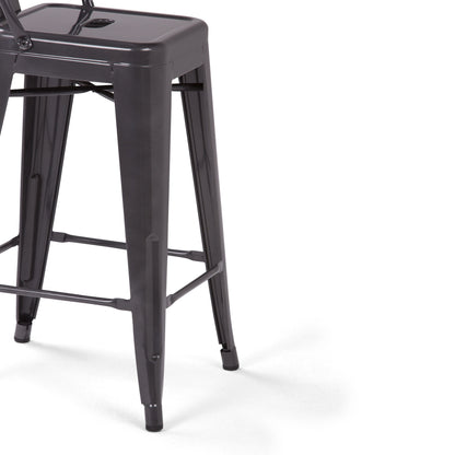 A close-up view of the Rayne - Curved Back Metal Stool (Set of 2), featuring a tall, dark gray metal frame with a square seat, four straight legs connected by footrests, all displayed against a white background.