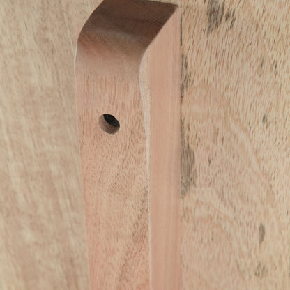 Close-up of the Berkeley - Entryway Bench shows its smooth, light brown wooden plank with a rounded edge and a single drilled hole, attached to a flat wooden surface.
