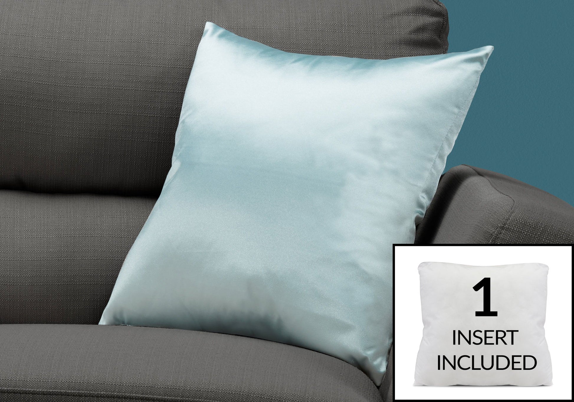 A light blue satin decorative throw pillow rests on a gray couch. In the corner, an inset image displays the hypoallergenic square pillow insert that is included.