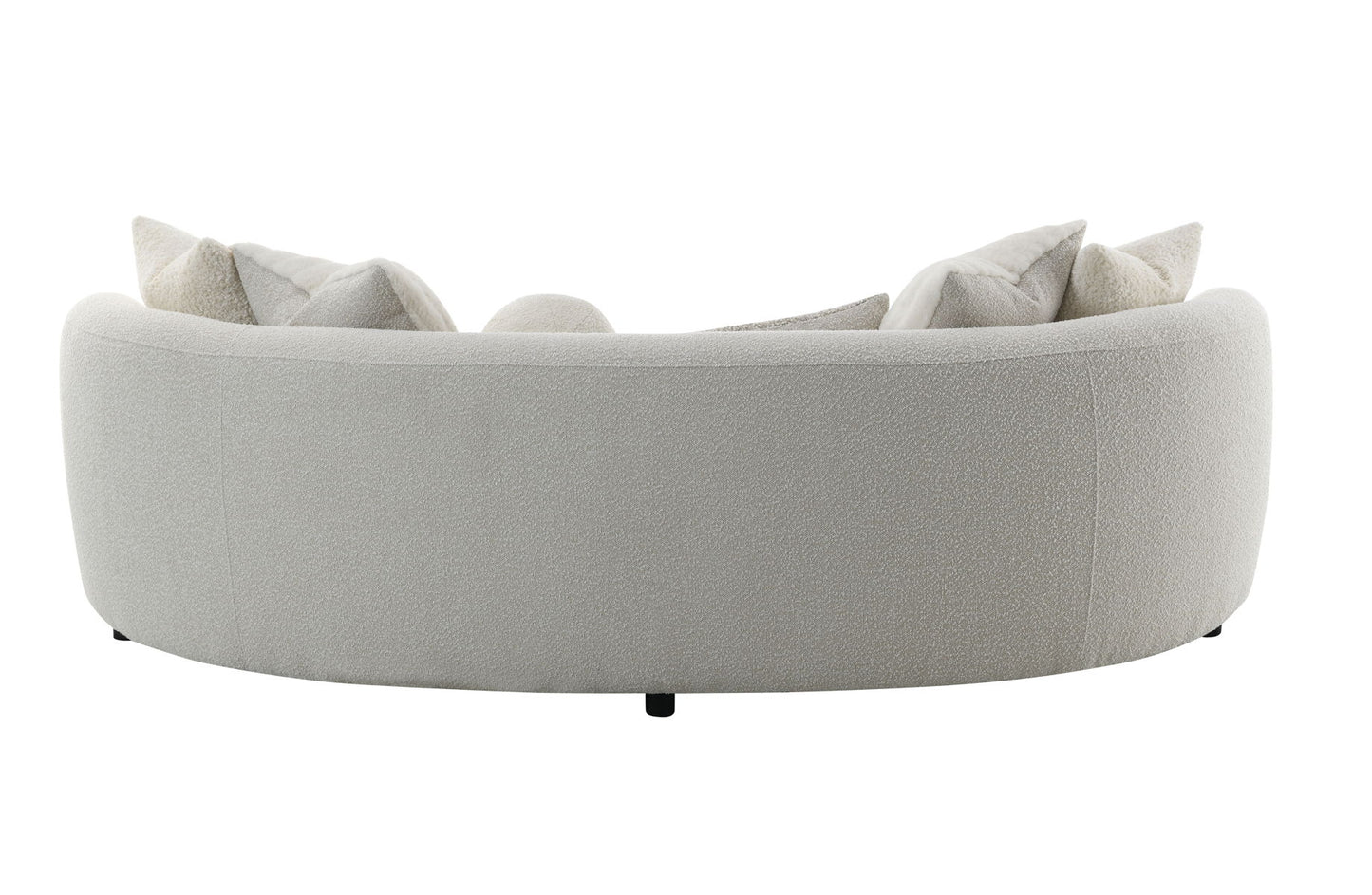 The Couch.com Iniko Boucle Sofa features a light beige fabric finish and durable design, shown from the back with several matching toss pillows, all set against a white background.