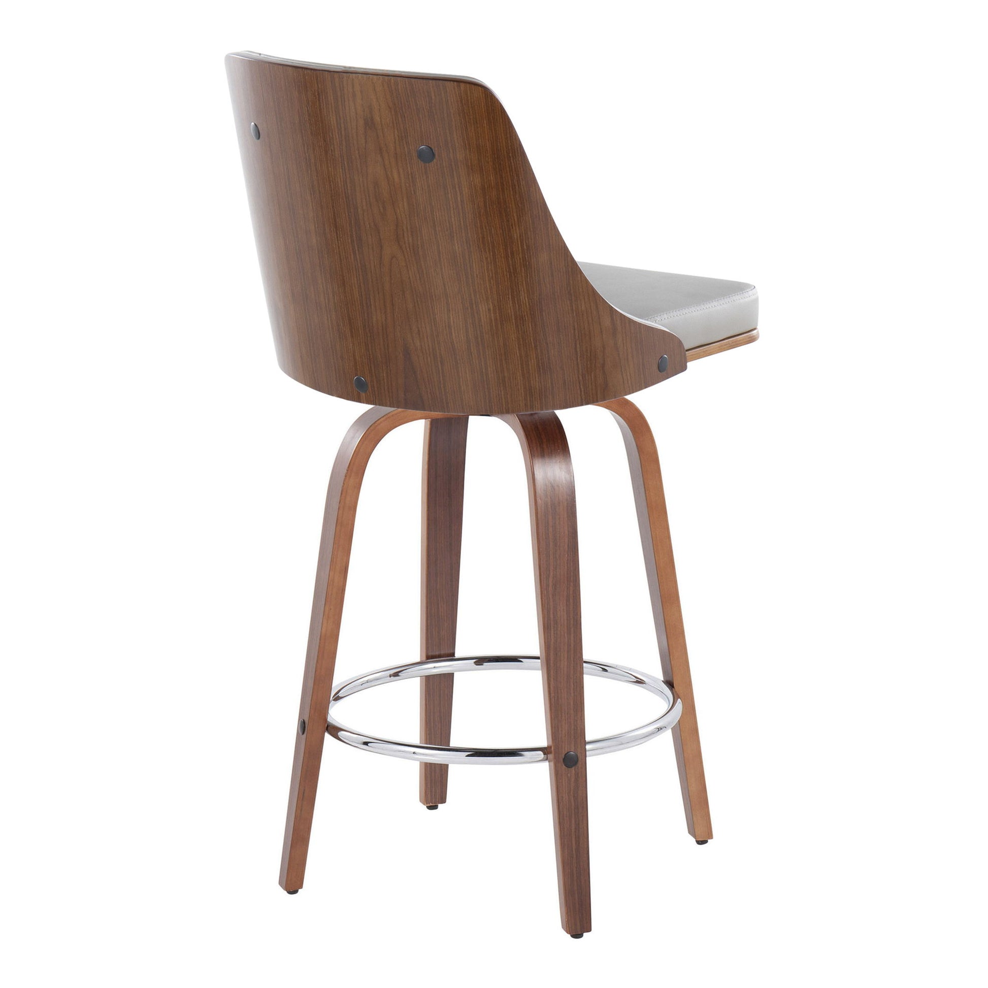 The Gianna Mid-Century Modern Fixed Height Stool set features a curved wood backrest and legs, light grey cushioned seat, chrome round footrest, smooth wood finish, and a sleek, contemporary design with swivel functionality.