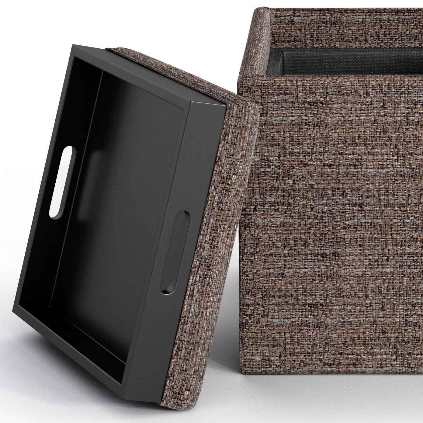 A close-up of the Rockwood Upholstered Cube Storage Ottoman With Tray shows its brown textured fabric, removable lid with handle cutouts propped nearby, and visible spacious interior.