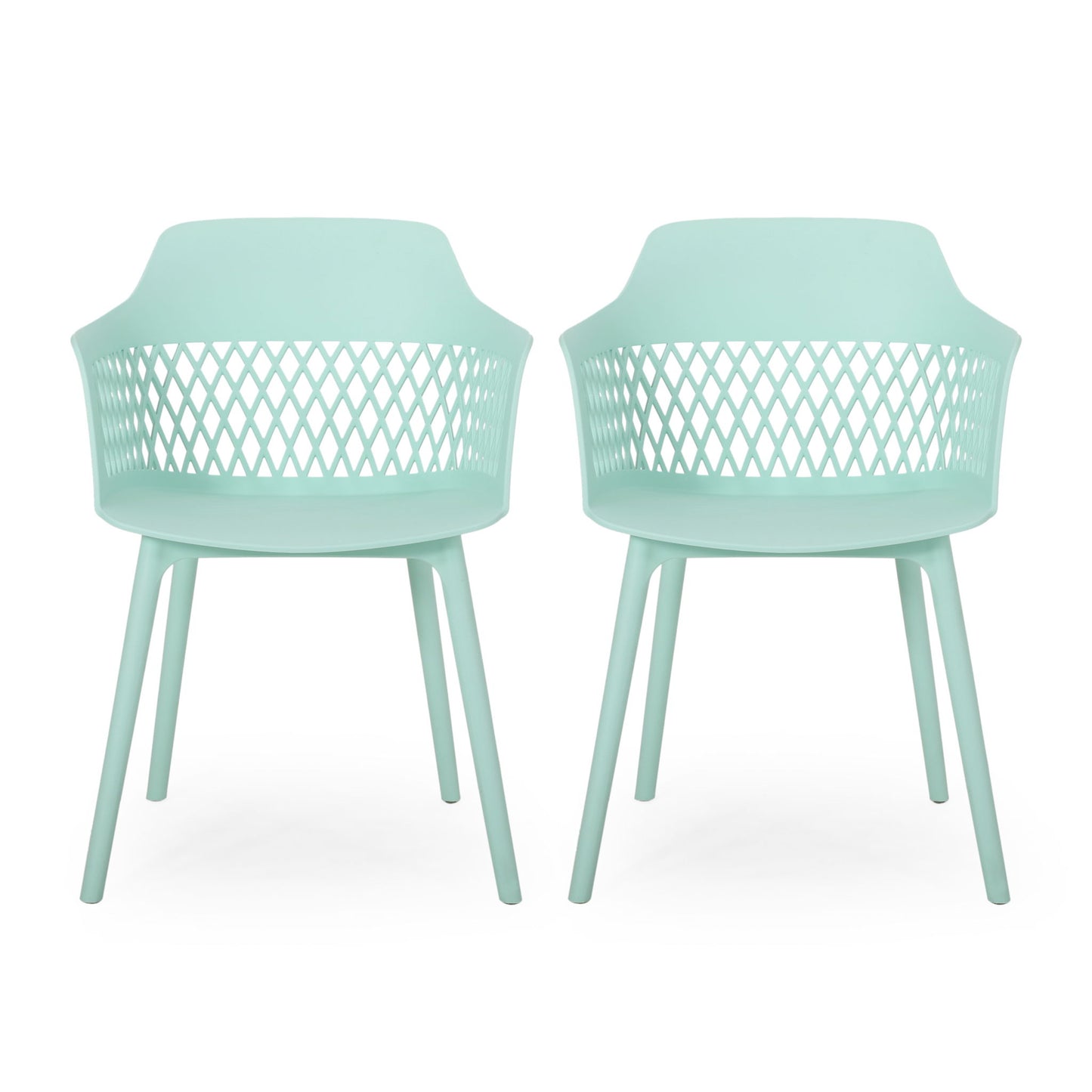 The Azalea – Chair (Set of 2) features two modern light teal chairs with perforated diamond-pattern backs, armrests, four straight legs, and smooth curved seats, shown side by side on a white background.