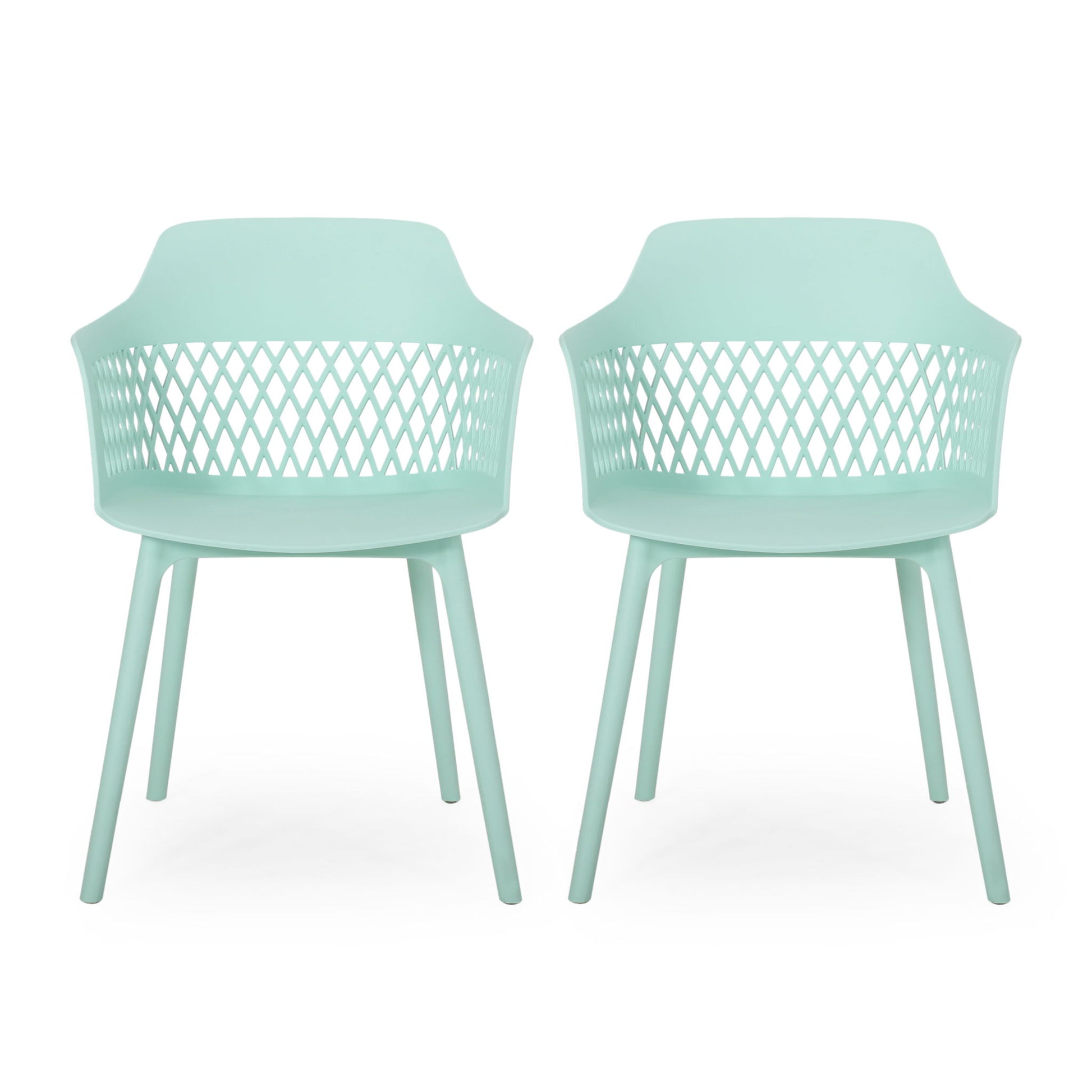 The Azalea – Chair (Set of 2) features two modern light teal chairs with perforated diamond-pattern backs, armrests, four straight legs, and smooth curved seats, shown side by side on a white background.