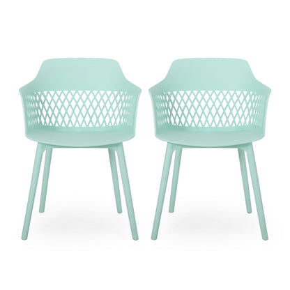 The Azalea – Chair (Set of 2) features two modern light teal chairs with perforated diamond-pattern backs, armrests, four straight legs, and smooth curved seats, shown side by side on a white background.