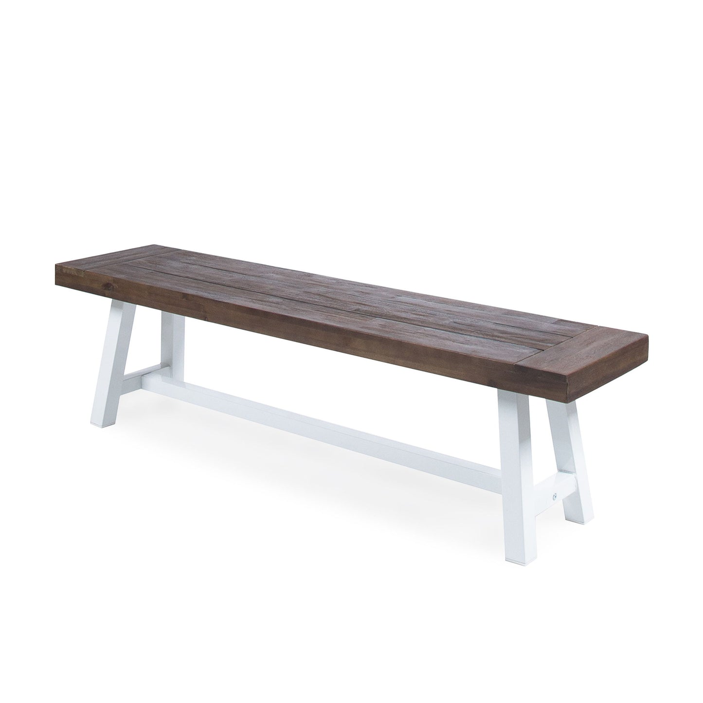 The Tranquilizer Outdoor Acacia Wood Bench features a dark brown slat panel seat and white angled legs with a connecting support bar, set against a plain white background.